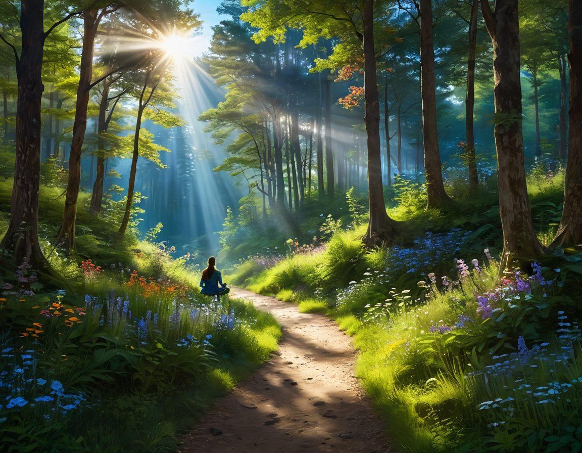 A serene landscape featuring a sunlit path winding through a lush green forest, dotted with vibrant wildflowers and gentle streams. At the forefront, a silhouette of a person meditating, surrounded by warm rays of sunlight symbolizing enlightenment and joy. Soft, fluffy clouds hover in a bright blue sky, enhancing the feeling of tranquility. super-realistic. vibrant colors.
