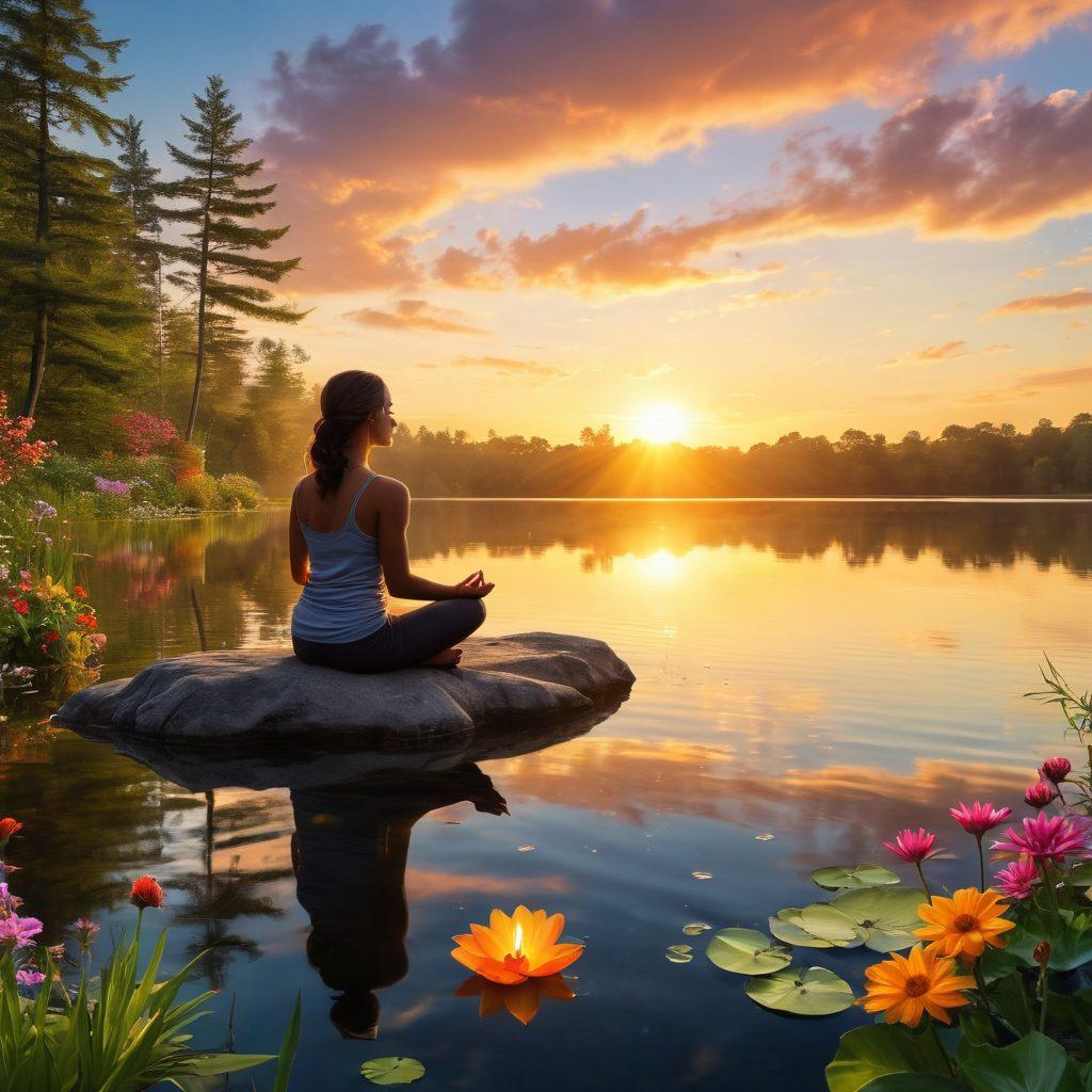 A serene landscape featuring a golden sunrise over a tranquil lake, symbolizing hope and positivity. Include a silhouette of a person meditating on the shoreline, surrounded by lush greenery and colorful flowers that radiate warmth. Soft rays of sunlight breaking through the clouds, creating a gentle, uplifting atmosphere. Incorporate elements of wellness like crystals and candles subtly in the foreground for added inspiration. vibrant colors. super-realistic.