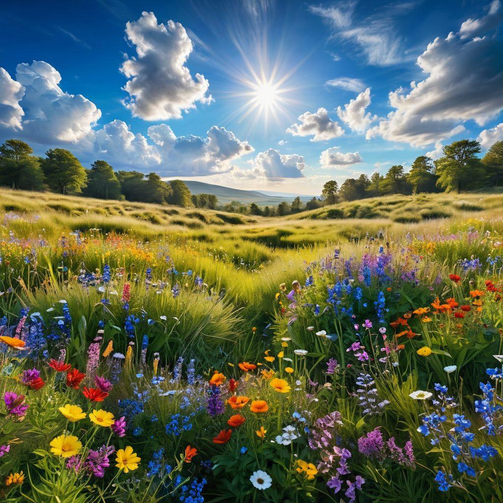 A serene landscape featuring a bright, sunlit meadow filled with colorful wildflowers, where diverse people of various ethnicities are joyfully gathering in a circle, sharing laughter and positivity. The sky is a brilliant blue with fluffy white clouds, symbolizing pure joy and vibrant vibes. A gentle breeze ruffles the grass as butterflies flutter around, enhancing feelings of peace and happiness. super-realistic. vibrant colors. white background.